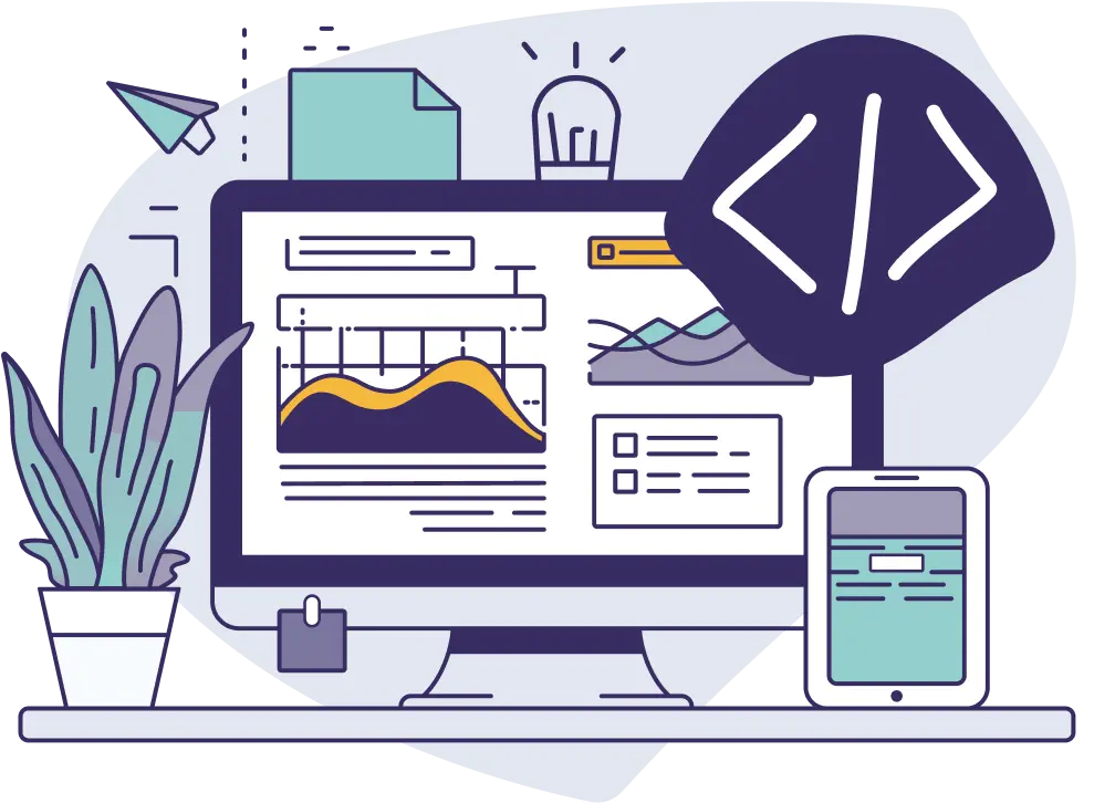 Illustrasjon med PC, nettbrett og plante på skrivebord